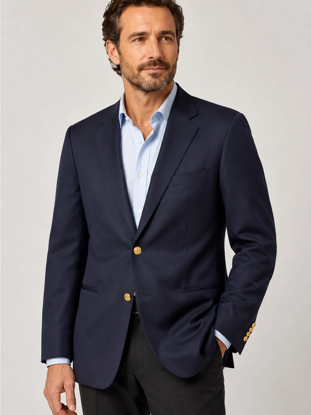 Chaps 100% Wool Navy Blue Sport Coat Blazer Gold Buttons Men’s Size 48 Regular
